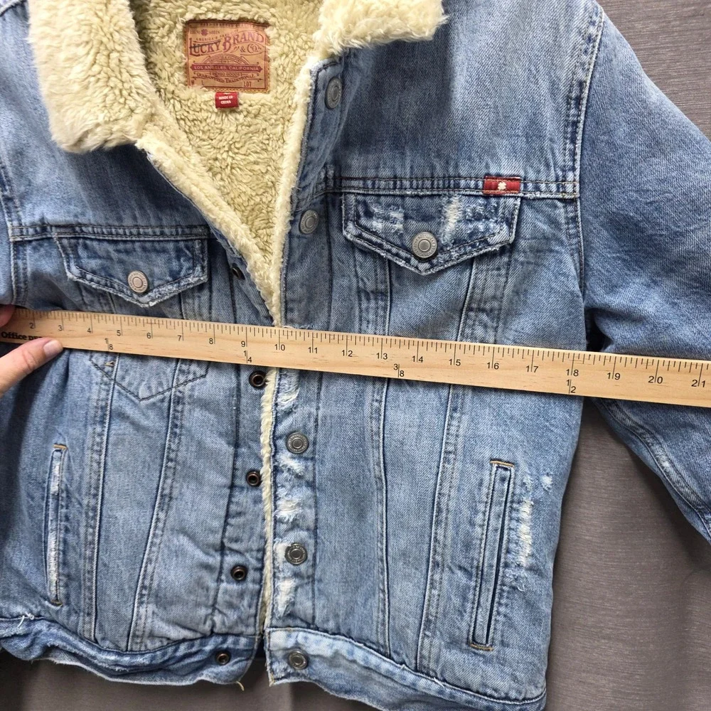 Lucky Brand Mens Sherpa Lined Denim Trucker Jacket Light Wash Distressed Medium